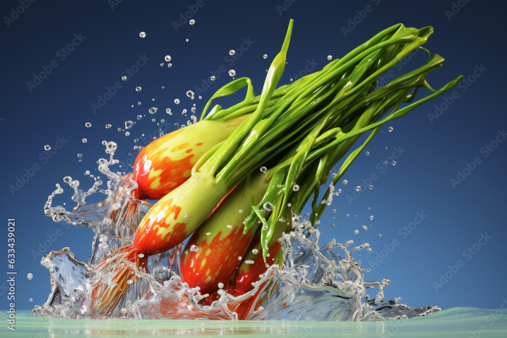 Poster an vibrant photograph of a scallion splashed in bright paint, symbolizing freshness and health. gene