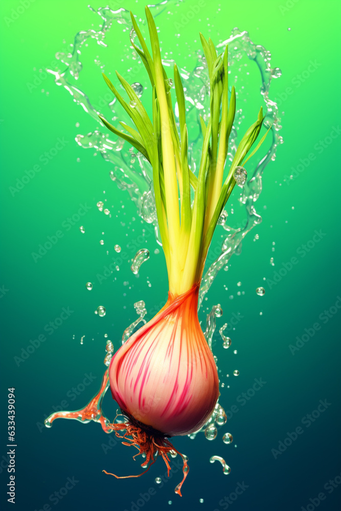 Poster an abstract surreal photograph of a scallion splashed in bright paint, symbolizing freshness and hea