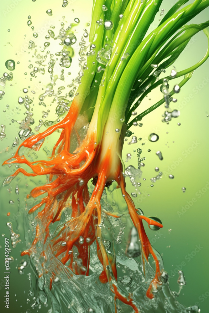 Poster An abstract surreal photograph of a Scallion splashed in bright paint, symbolizing freshness and health. Generative AI technology.