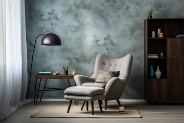 A simple and stylish living room setup featuring an artistic armchair, a comfortable pouf, and fashionable personal accessories. The room is adorned with a stylish wallpaper, providing a templatelike