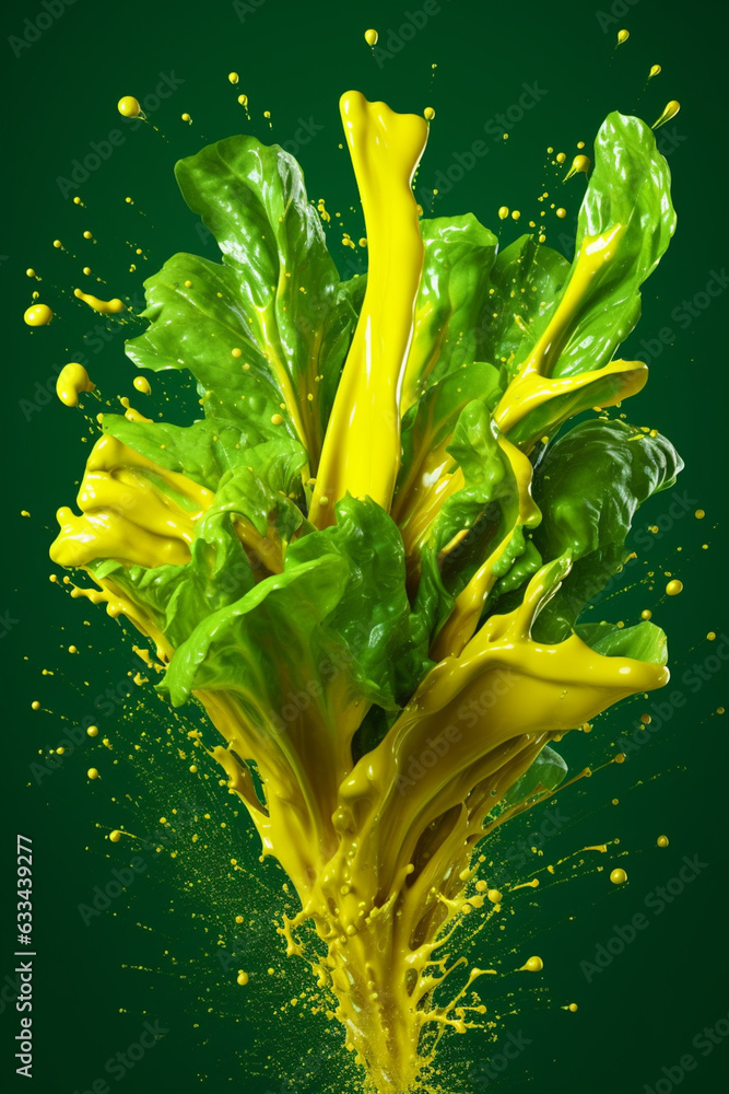 Poster an abstract surreal photograph of a mustard greens splashed in bright paint, symbolizing freshness a