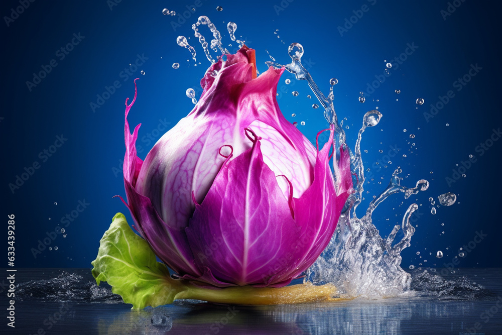 Poster an vibrant photograph of a kohlrabi splashed in bright paint, symbolizing freshness and health. gene