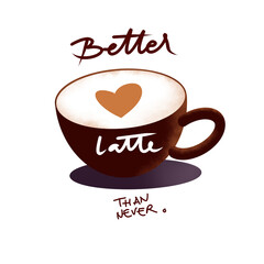 Better Lat(t)e Than Never. Inspirational coffee quote.