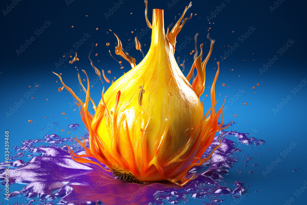 Poster an vibrant photograph of a shallot splashed in bright paint, symbolizing freshness and health. gener