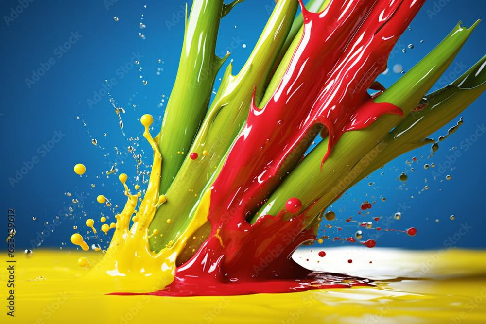 Poster an vibrant photograph of a bamboo shoots splashed in bright paint, symbolizing freshness and health.