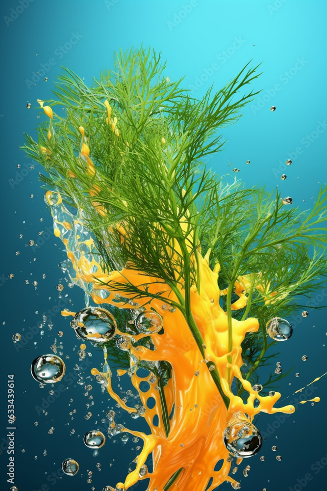 Aufkleber an abstract surreal photograph of a dill splashed in bright paint, symbolizing freshness and health.