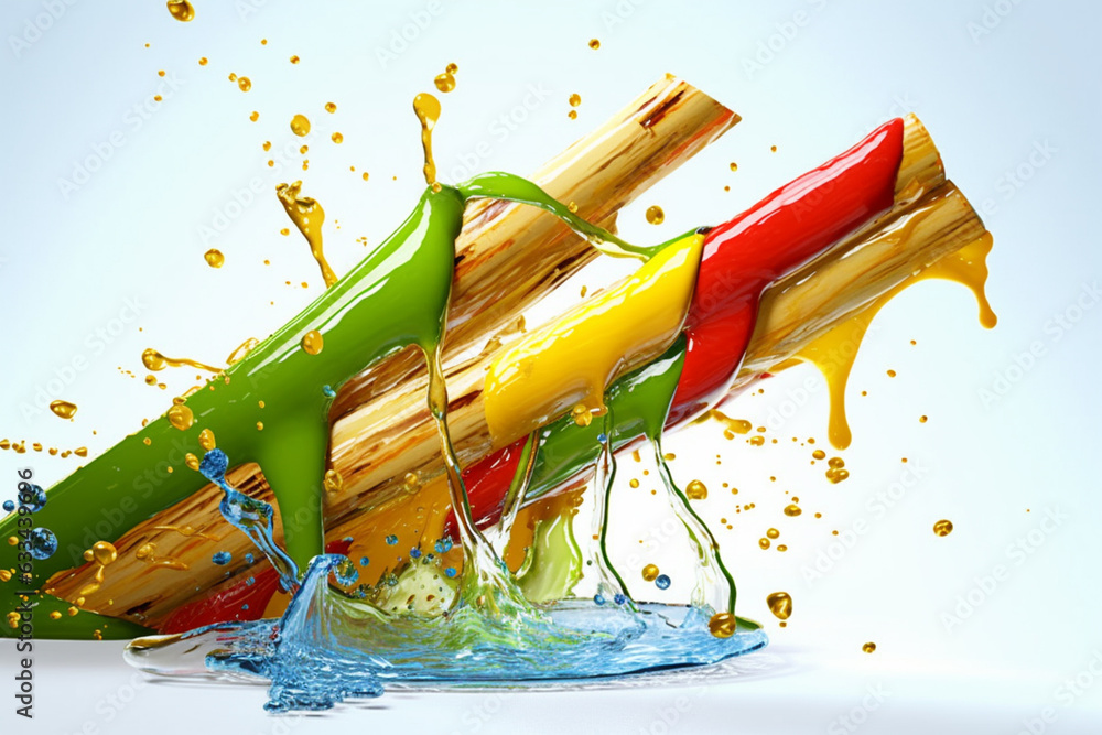 Poster an vibrant photograph of a bamboo shoots splashed in bright paint, symbolizing freshness and health.