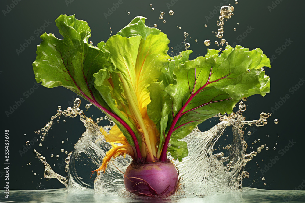 Aufkleber an vibrant photograph of a turnip greens splashed in bright paint, symbolizing freshness and health.