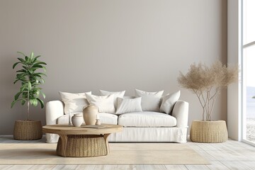Nordic style living room with rattan table, pampas, and white sofa. Minimalistic interior design, panoramic view, .