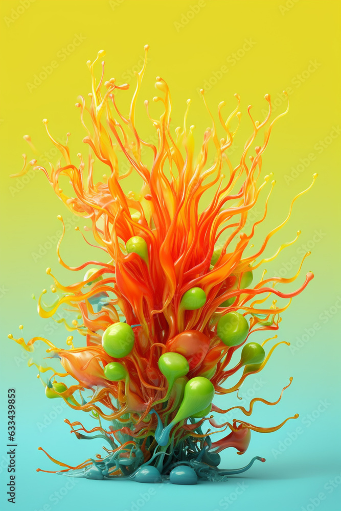 Poster an abstract surreal photograph of a mung bean sprouts splashed in bright paint, symbolizing freshnes