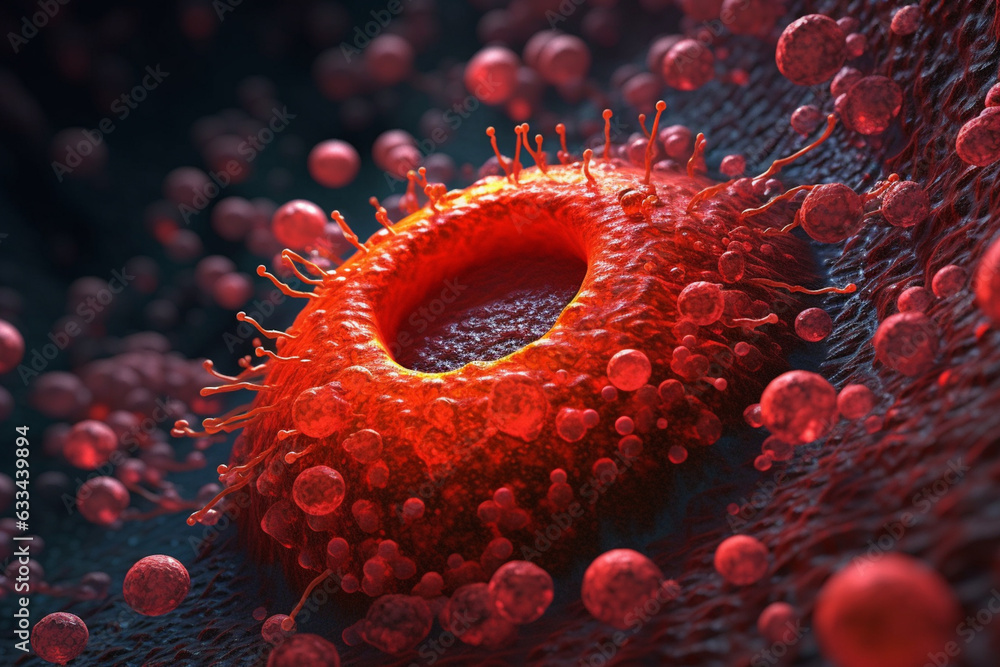 Poster A bacterial colony with a circular shape and smooth edges, featuring a vibrant red coloration.  Generative AI technology.