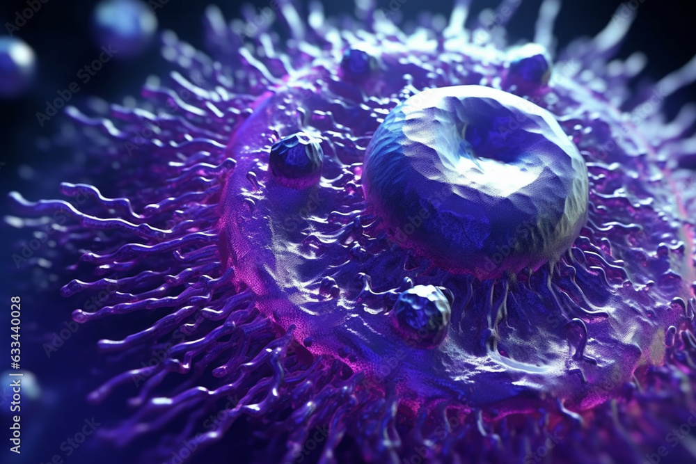 Poster a bacterial colony with a circular shape and a textured surface, exhibiting a dark purple coloration