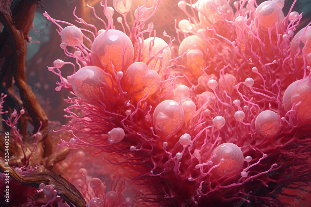 Poster a spreading bacterial colony with intricate branching patterns, exhibiting a vibrant pink color. gen