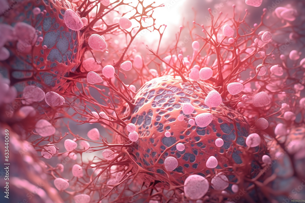 Aufkleber A spreading bacterial colony with intricate branching patterns, exhibiting a vibrant pink color. Generative AI technology.