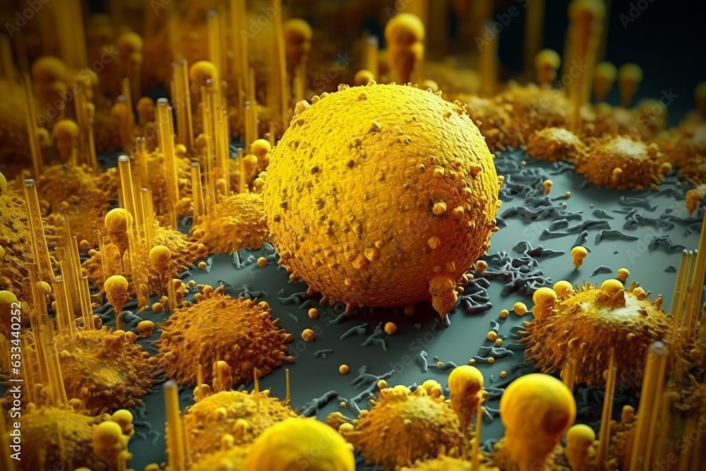 Poster A compact bacterial colony with a spherical shape and a smooth surface, displaying a bright yellow color.  Generative AI technology.