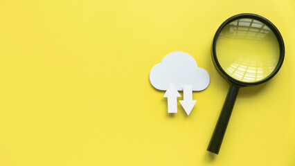 Cloud computing data storage concept.Network computing technologies. Digital server. Icon of cloud with arrow on yellow background.  - obrazy, fototapety, plakaty