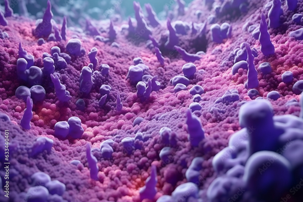 Poster A dense bacterial colony with a textured surface, resembling a fuzzy carpet, and featuring a pale purple coloration. Generative AI technology.