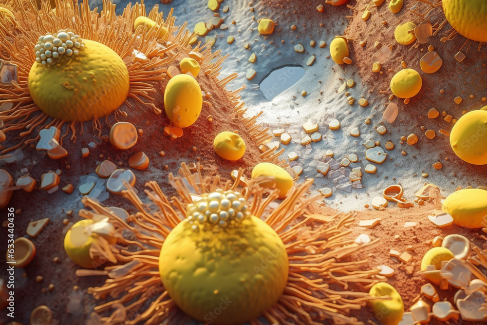 Poster A large bacterial colony with a flat and irregular shape, featuring a mix of yellow and brown colors.  Generative AI technology.