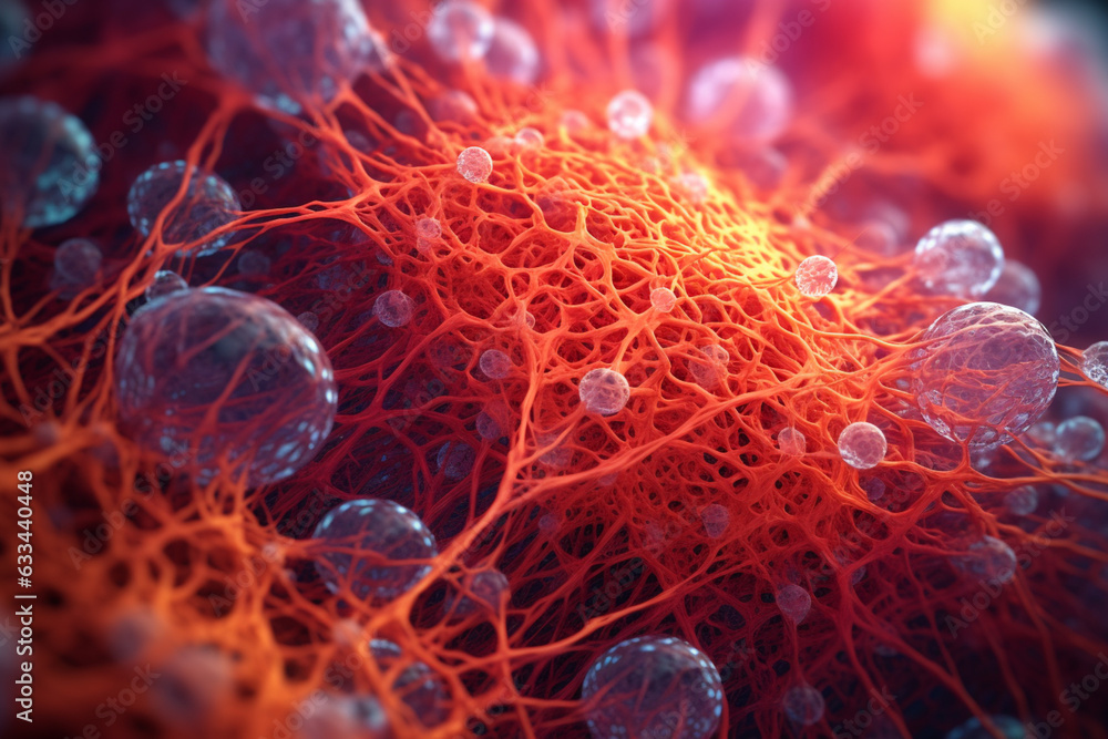 Poster A clustered bacterial colony with interconnected filaments, forming a mesh-like structure, and featuring a bright red color. Generative AI technology.