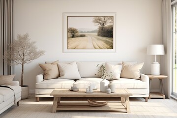 A rendered representation of a mockup frame placed within a farmhousestyle living room interior.