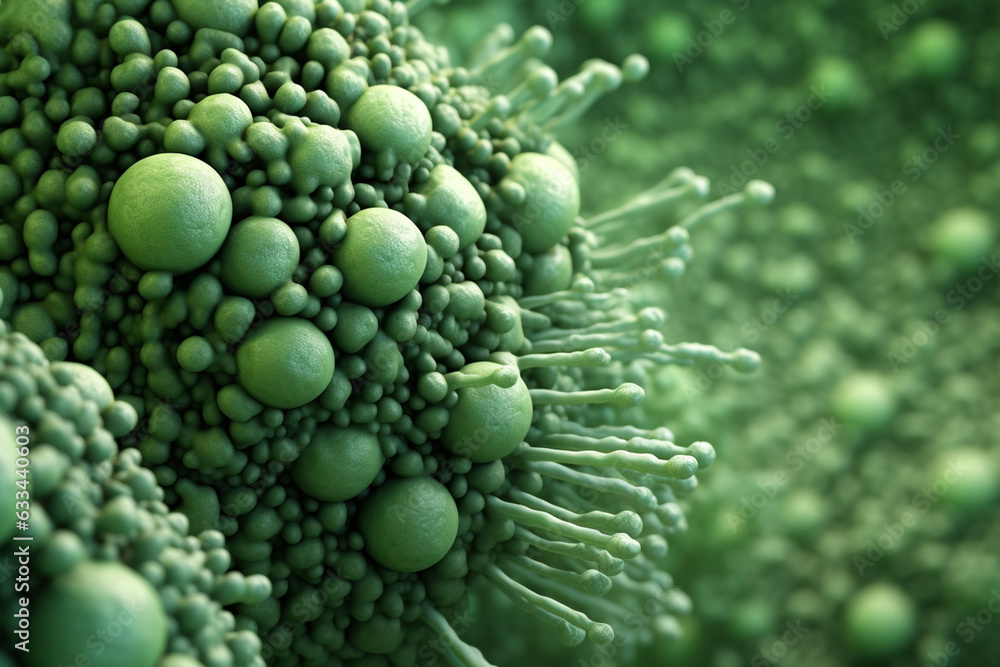 Poster A bacterial colony with irregular edges and a rough surface, resembling a cluster of small spheres, and displaying a pale green color.  Generative AI technology.