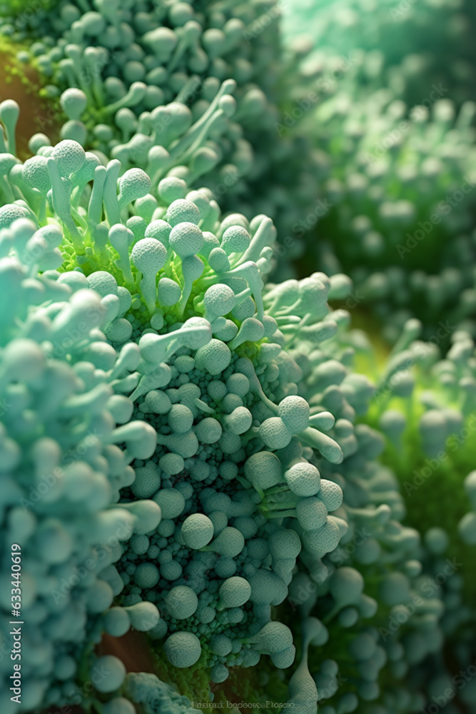 Poster A bacterial colony with irregular edges and a rough surface, resembling a cluster of small spheres, and displaying a pale green color.  Generative AI technology.