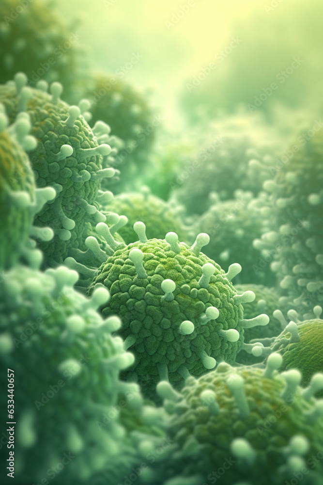 Poster A bacterial colony with irregular edges and a rough surface, resembling a cluster of small spheres, and displaying a pale green color.  Generative AI technology.