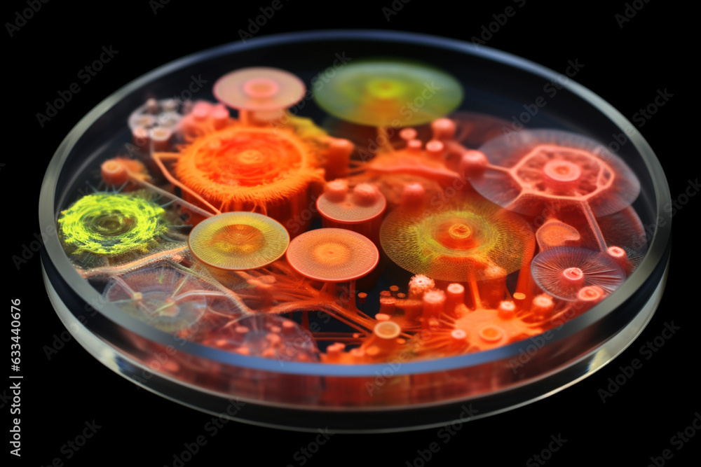 Aufkleber A petri dish with multiple bacterial colonies, each exhibiting a distinct color, ranging from vibrant red to pale yellow.  Generative AI technology.
