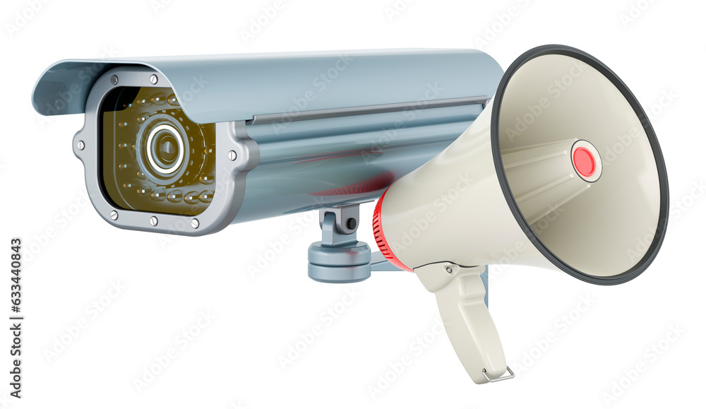 Aufkleber security camera with megaphone. 3d rendering