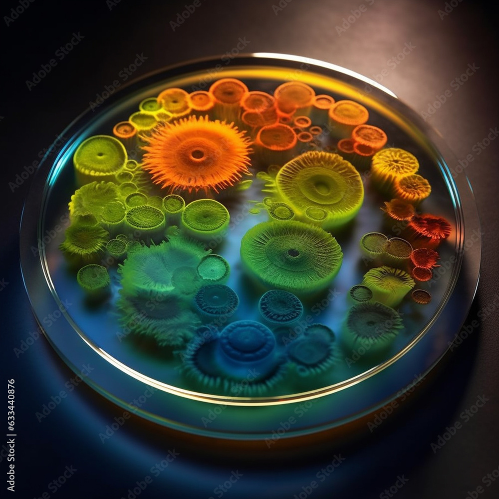 Poster An agar plate with bacterial colonies displaying a gradient of colors, transitioning from dark blue to light green.  Generative AI technology.