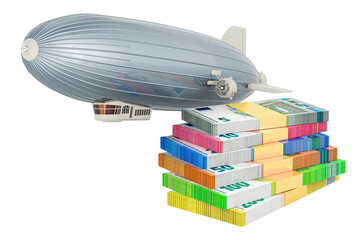 Airship or dirigible balloon with euro packs. 3D rendering