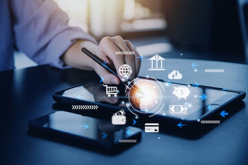 futuristic digital processing of biometric identification fingerprint scanner for access personal financial data. surveillance and security scanning of digital programs cyber futuristic applications