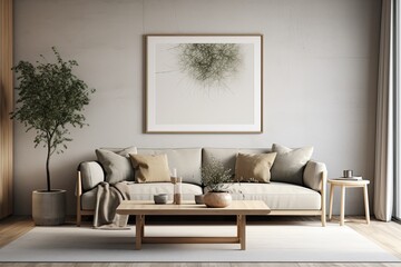 A modern interior background in a Scandinavianstyle living room showcases a poster frame. The frame is shown in a render