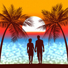 Boy and girl at sunset near the ocean