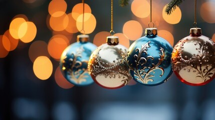  close-up arrangement of Christmas balls, on a Christmas tree branch Christmas card Merry Christmas and Happy New Year background