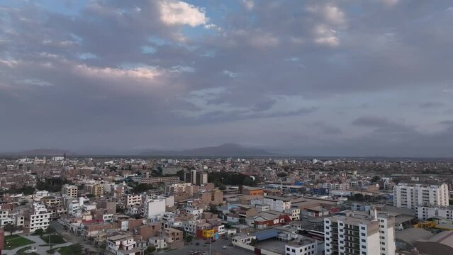 Chiclayo city sunset buildings houses all around the city. Developing city in the north of Peru.