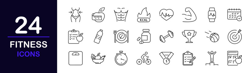 Fitness web icons set. Sport and fitness - simple thin line icons collection. Containing gym, healthy lifestyle, exercise, diet, weight training, body care, workout and more. Simple web icons set