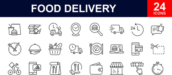 Food delivery web icons set. Restaurant food delivery - simple thin line icons collection. Containing is food box, courier on bike, door contactless delivery, fast food, dinner. Simple web icons set