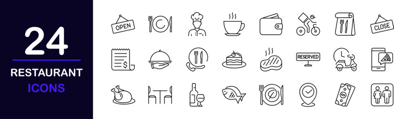 Restaurant web icons set. Food and drinks - simple thin line icons collection. Containing meal, restaurant, dishes, fruits and more. Simple web icons set