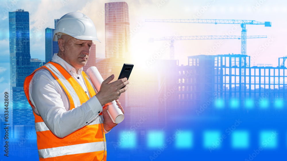Poster man builder. block under construction behind engineer. architect with phone. man in helmet and build