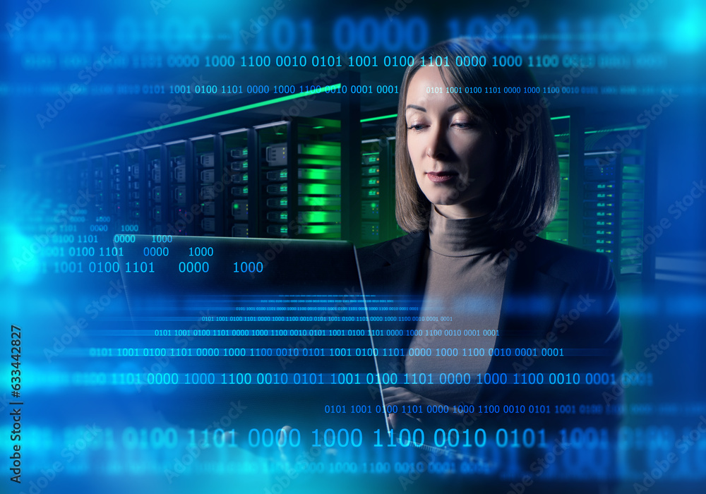 Aufkleber internet company manager. woman in server room. binary it code near businesswoman. woman invests in 