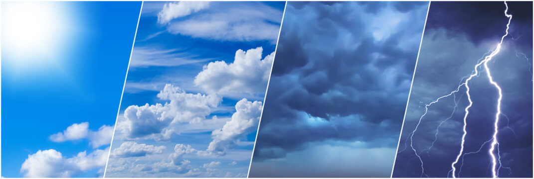 Sky in different weather. Climate change. Sky background. Sunny sky near thunderstorm with clouds. Background for weather site. Climate change concept. Heaven with shining sun. Weather banner