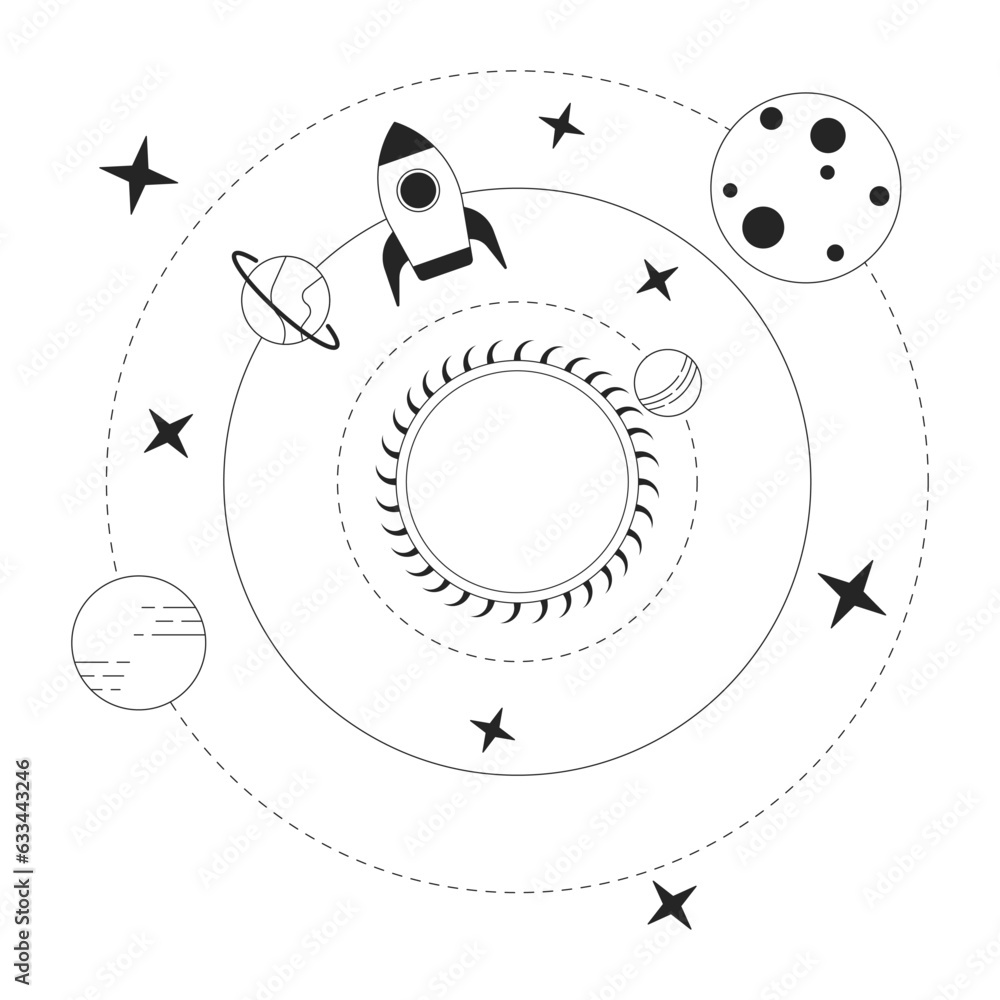 Poster Solar system bw concept vector spot illustration. Rocket science. Spaceship in cosmos. 2D cartoon flat line monochromatic objects for web UI design. Editable isolated outline hero image
