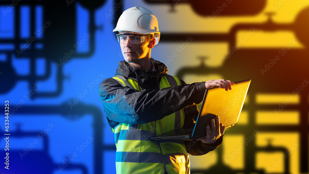 Poster man engineer. industrialist with laptop. worker near pipes. engineer controls production process. in