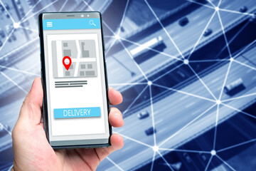 Phone with delivery service application. Smartphone with navigator in hand. Phone near road with cars. Courier tracking concept. Apps for ordering delivery. Phone number with courier service website - obrazy, fototapety, plakaty