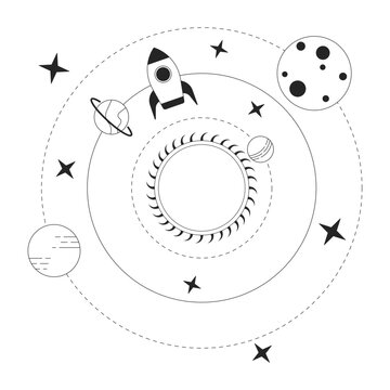 Solar system bw concept vector spot illustration. Rocket science. Spaceship in cosmos. 2D cartoon flat line monochromatic objects for web UI design. Editable isolated outline hero image