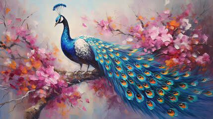 Fototapeta premium painting style illustration of beautiful peacock on pink flower branch, Generative Ai