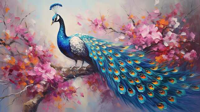 painting style illustration of beautiful peacock on pink flower branch, Generative Ai