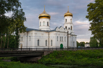 Fototapeta na wymiar View of the ancient Cathedral of the Epiphany (1814) on a July morning. Vyshny Volochek, Russia