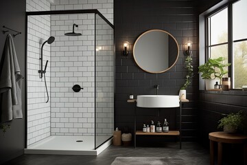 A basic bathroom featuring a black shower, a circular mirror, and timeless white tiles.